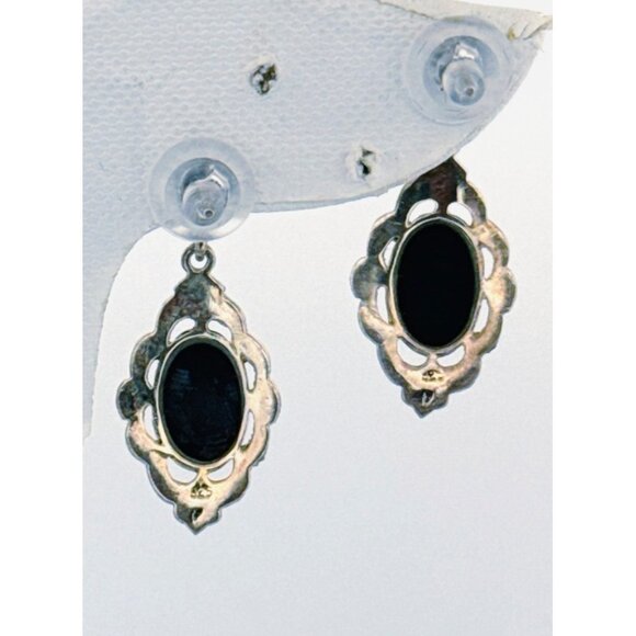 Vintage Sterling Silver 925 Marcasite Black Onyx Drop Dangle Earrings 5.2g - Picture 3 of 8